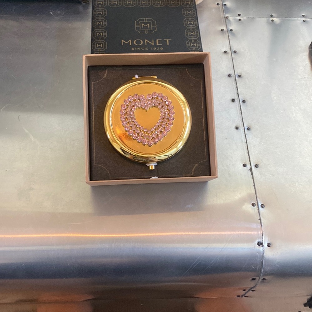 NWT Monet gold mirror with pink crystal heart